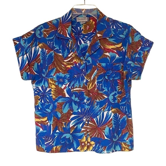 Vintage Hawaiian Shirt Button Down Blue & Brown Sz Small - Picture 1 of 10